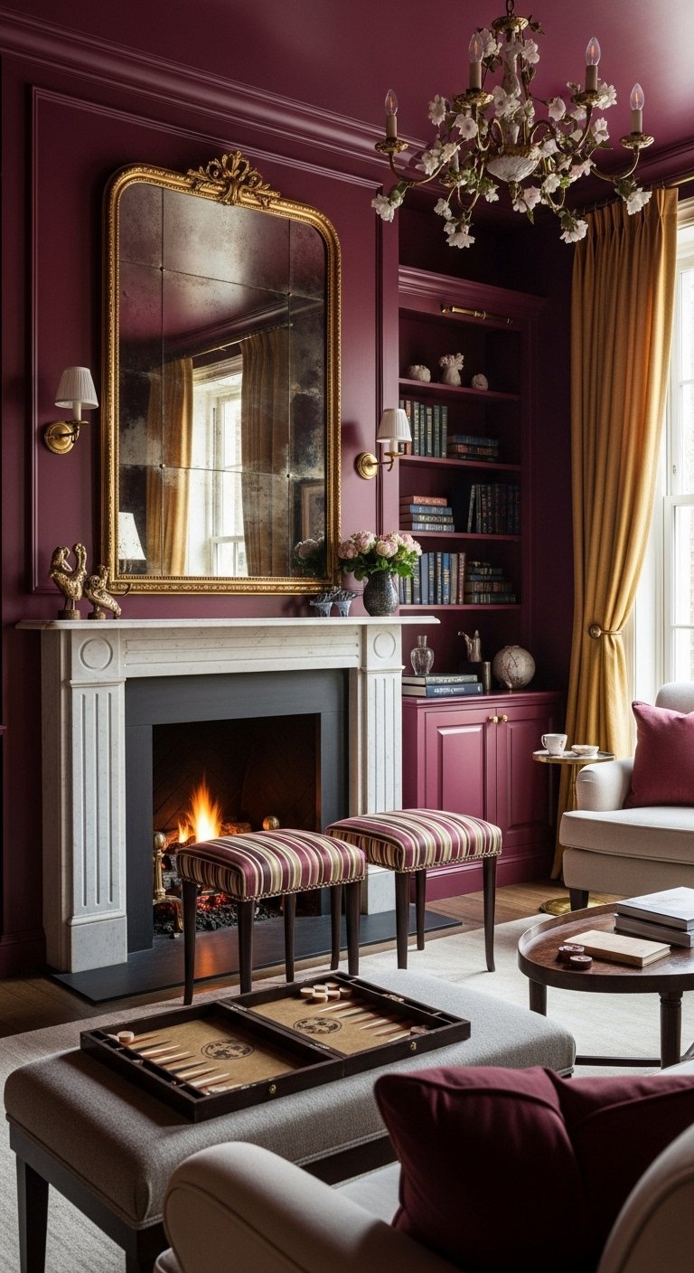 Salon luxueux avec des murs et bibliotheques peints en bordeaux