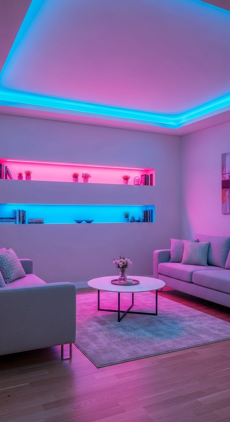 Salon moderne avec éclairage par bandes LED roses et bleues
