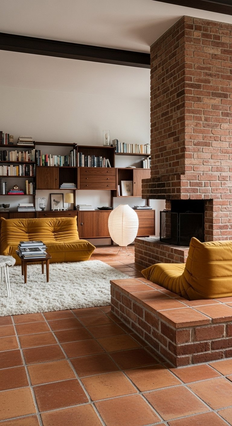 Salon rustique avec sol en tomettes terracotta cheminee en brique et canapes jaunes