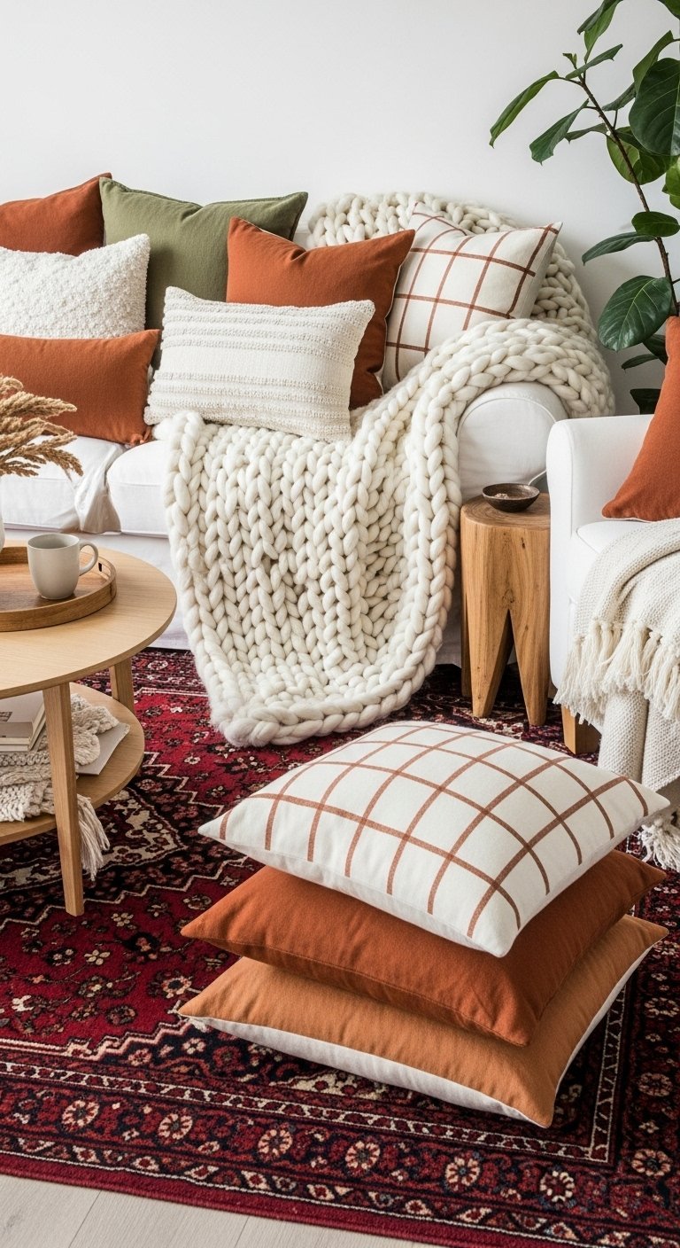 Superposition de textiles avec plaid en grosse maille et coussins sur un tapis persan