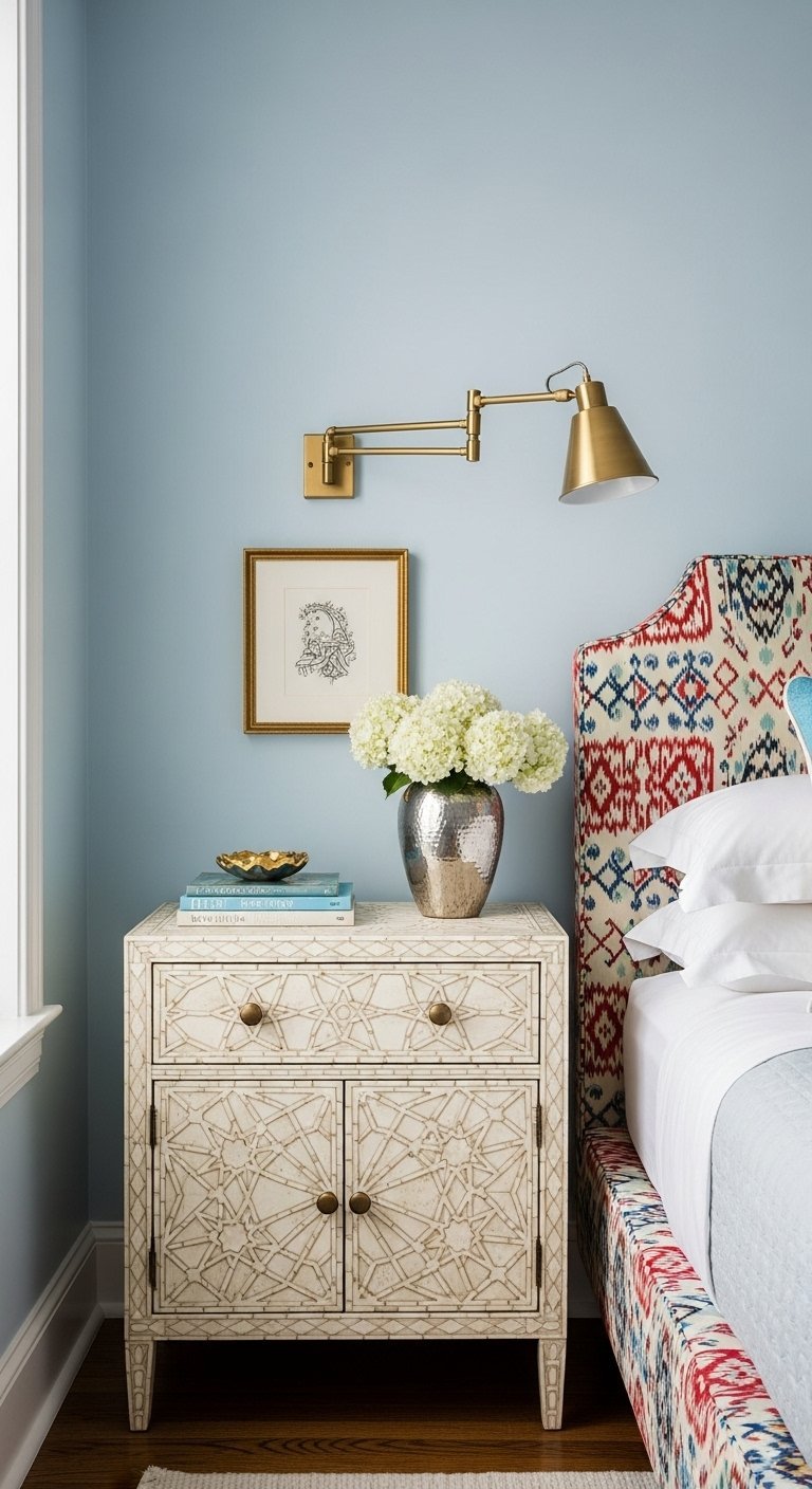 Table de chevet en os incrusté à côté d un lit à motifs ikat
