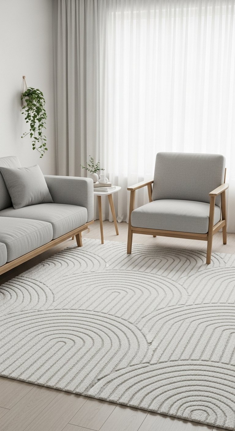 Tapis de salon blanc texturé avec un motif d arcs en relief dans un décor minimaliste