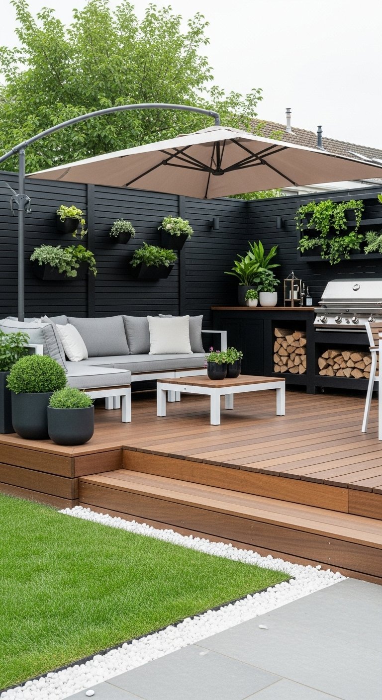 Terrasse extérieure moderne avec un deck en bois, une clôture noire et un salon de jardin gris.