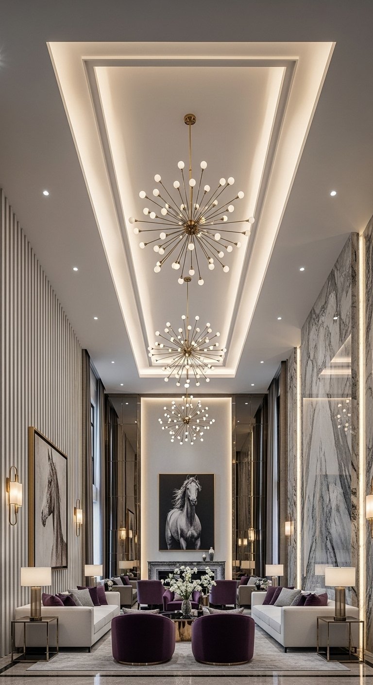 Très haut faux plafond rectangulaire avec éclairage indirect dans un salon luxueux