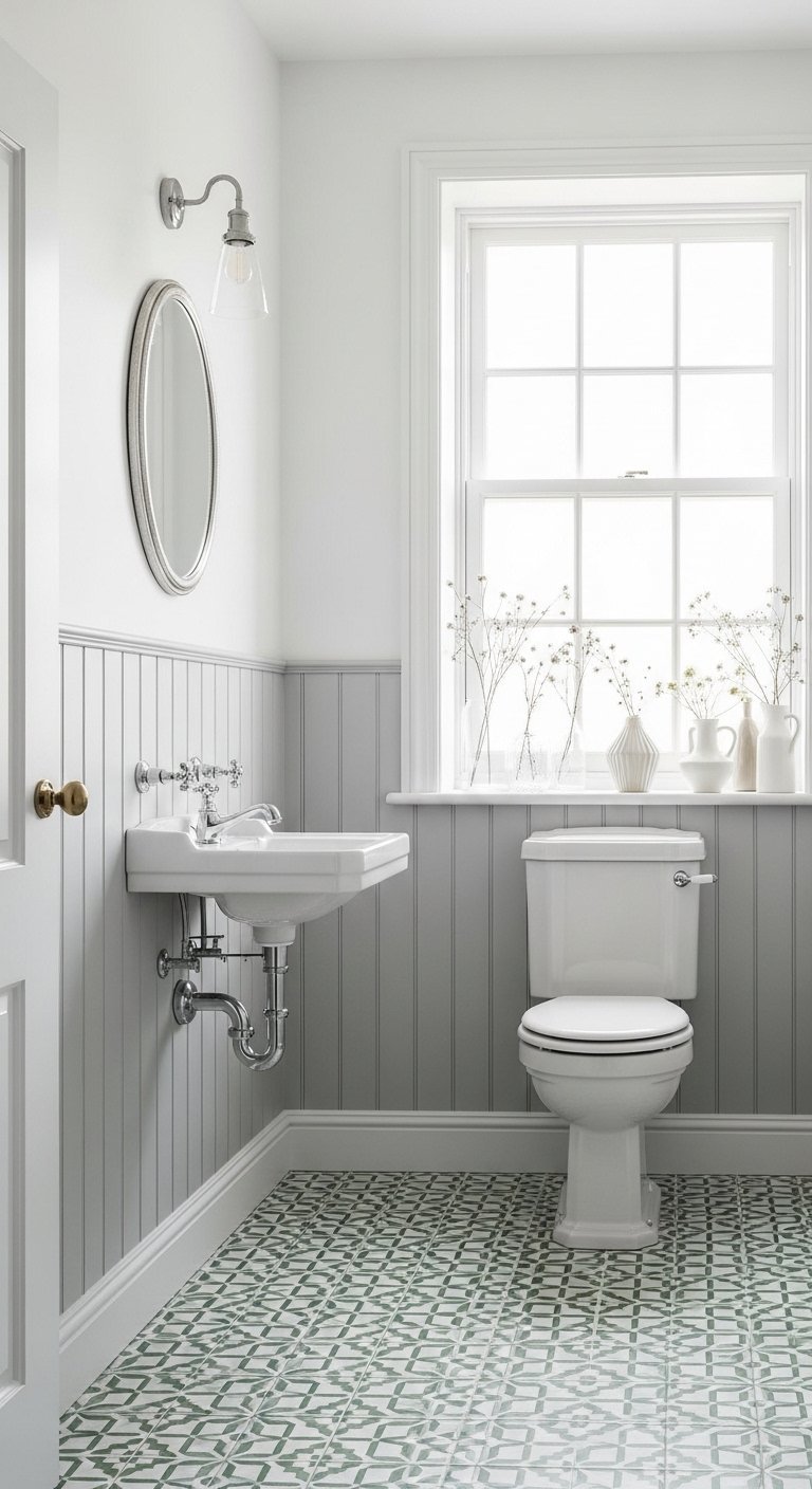 WC lumineux avec lambris mural gris et carrelage au sol à motifs verts