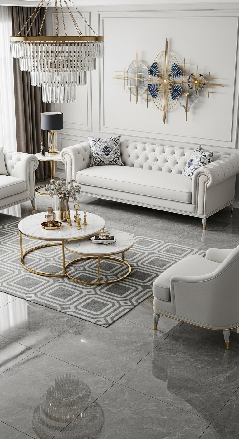 Canapé chesterfield blanc dans un salon de luxe avec un lustre en cristal