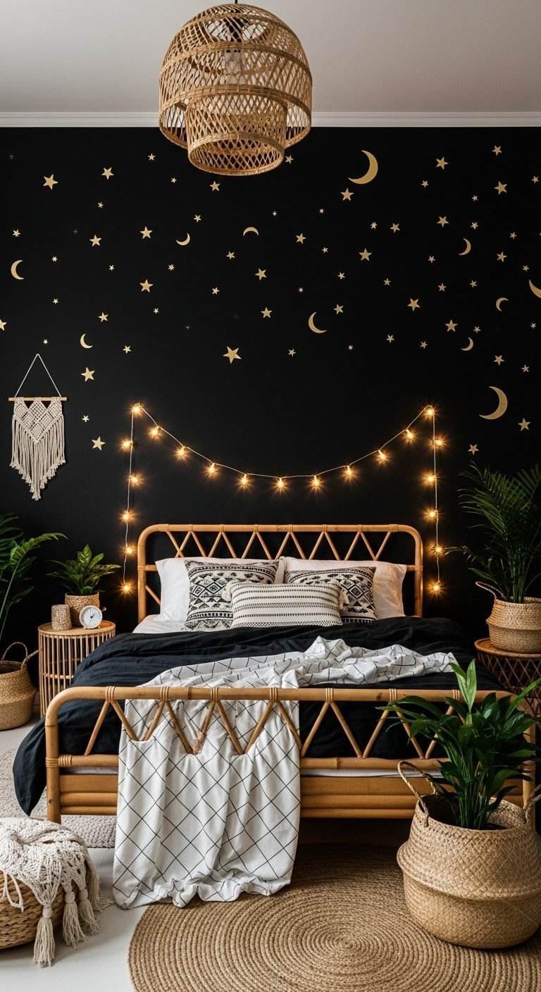 Chambre boheme sombre avec mur noir et stickers etoiles dorees