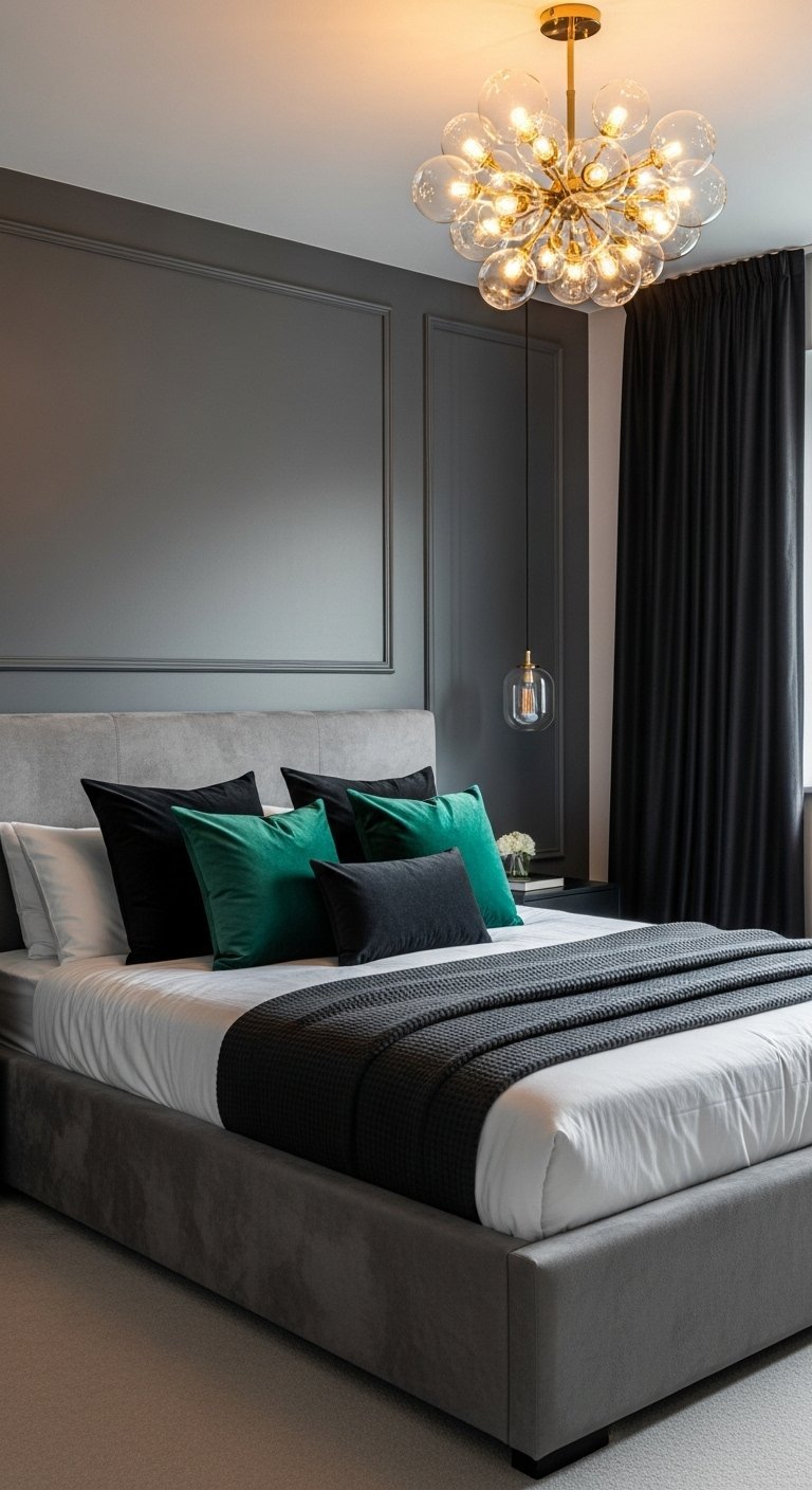 Chambre chic avec murs gris foncé et coussins en velours vert émeraude