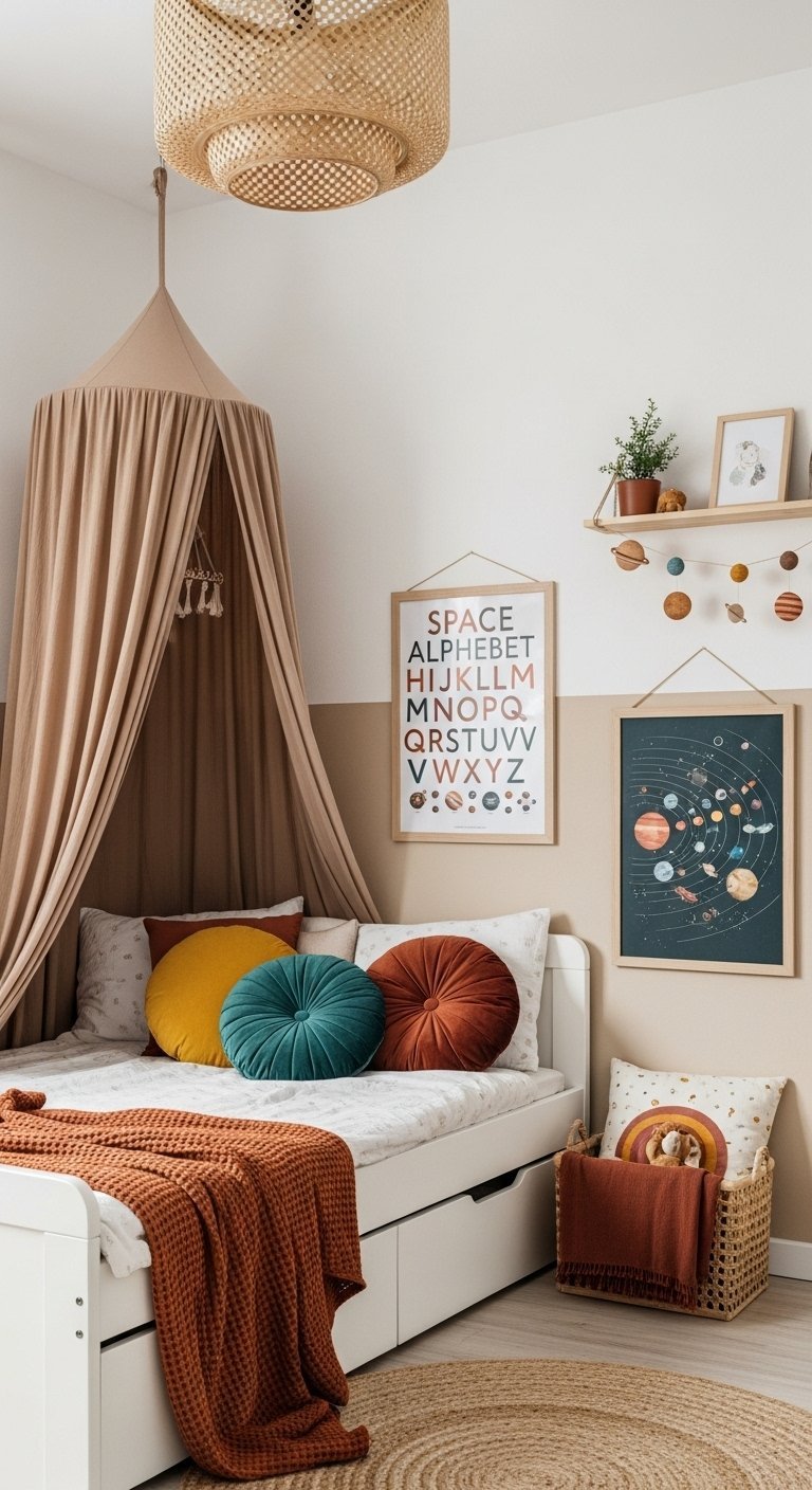 Chambre d ado sur le thème de l espace avec des affiches de planètes et un ciel de lit