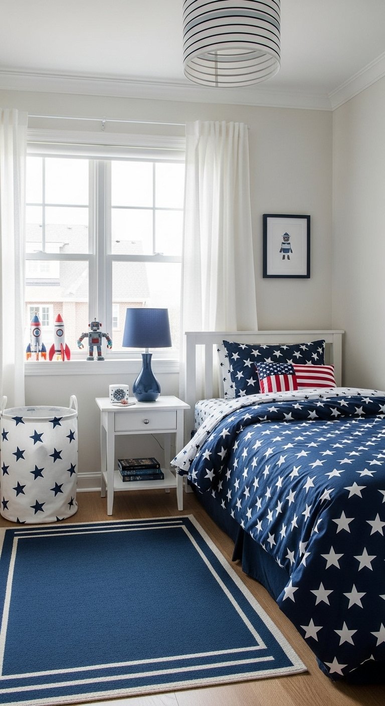Chambre de garçon de style américain avec une parure de lit à étoiles bleues