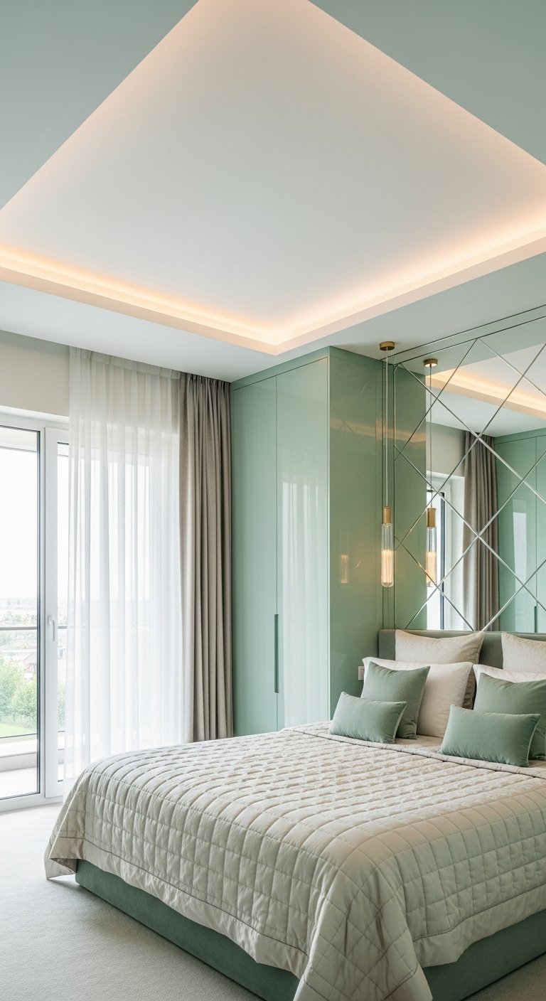 Chambre de luxe moderne avec placard vert menthe et tête de lit en miroir