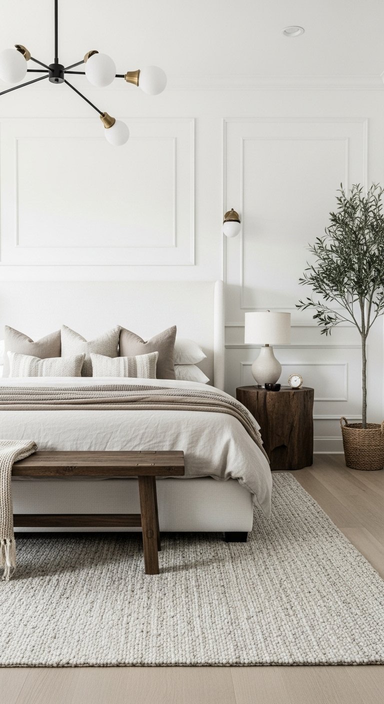 Chambre minimaliste chic avec murs blancs à moulures et lit beige