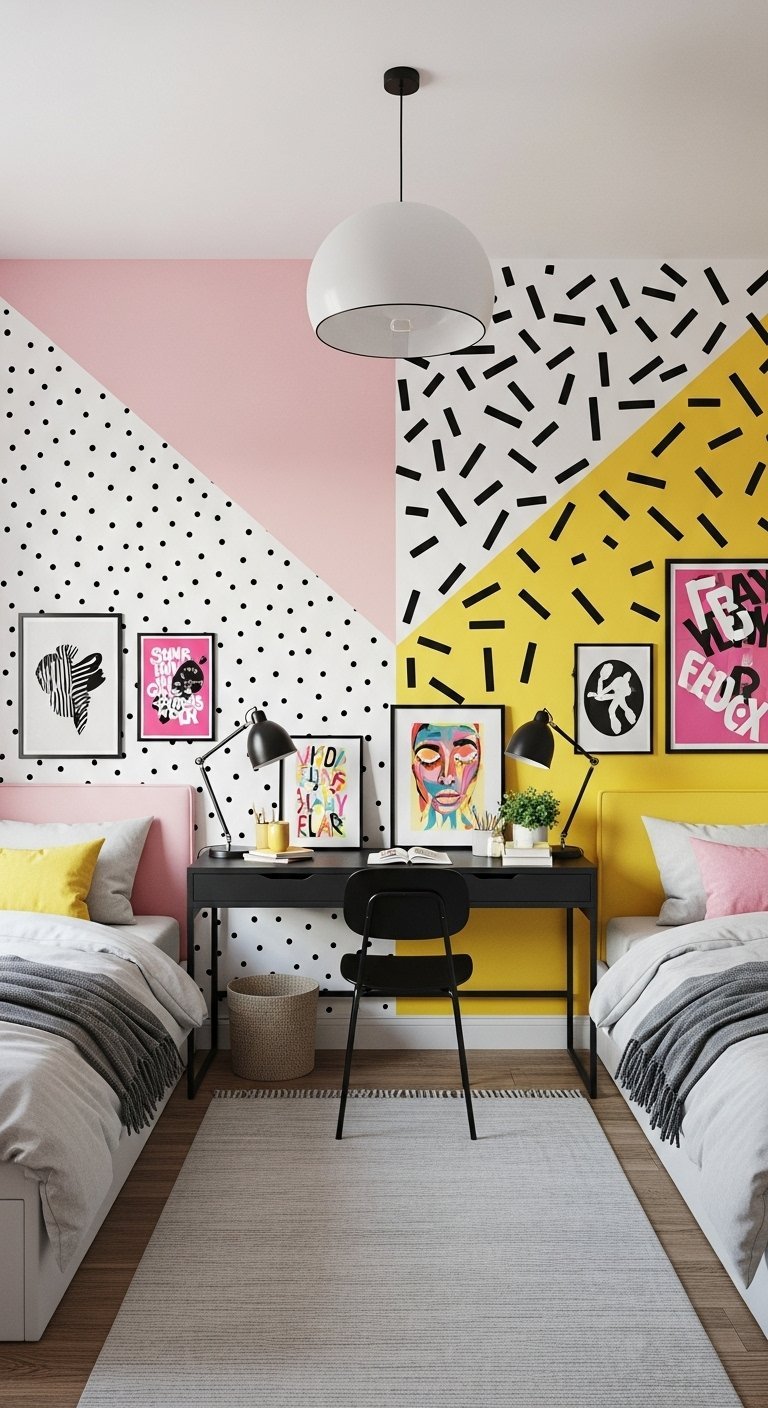 Chambre partagée avec un mur à motifs géométriques audacieux en rose jaune et noir et blanc