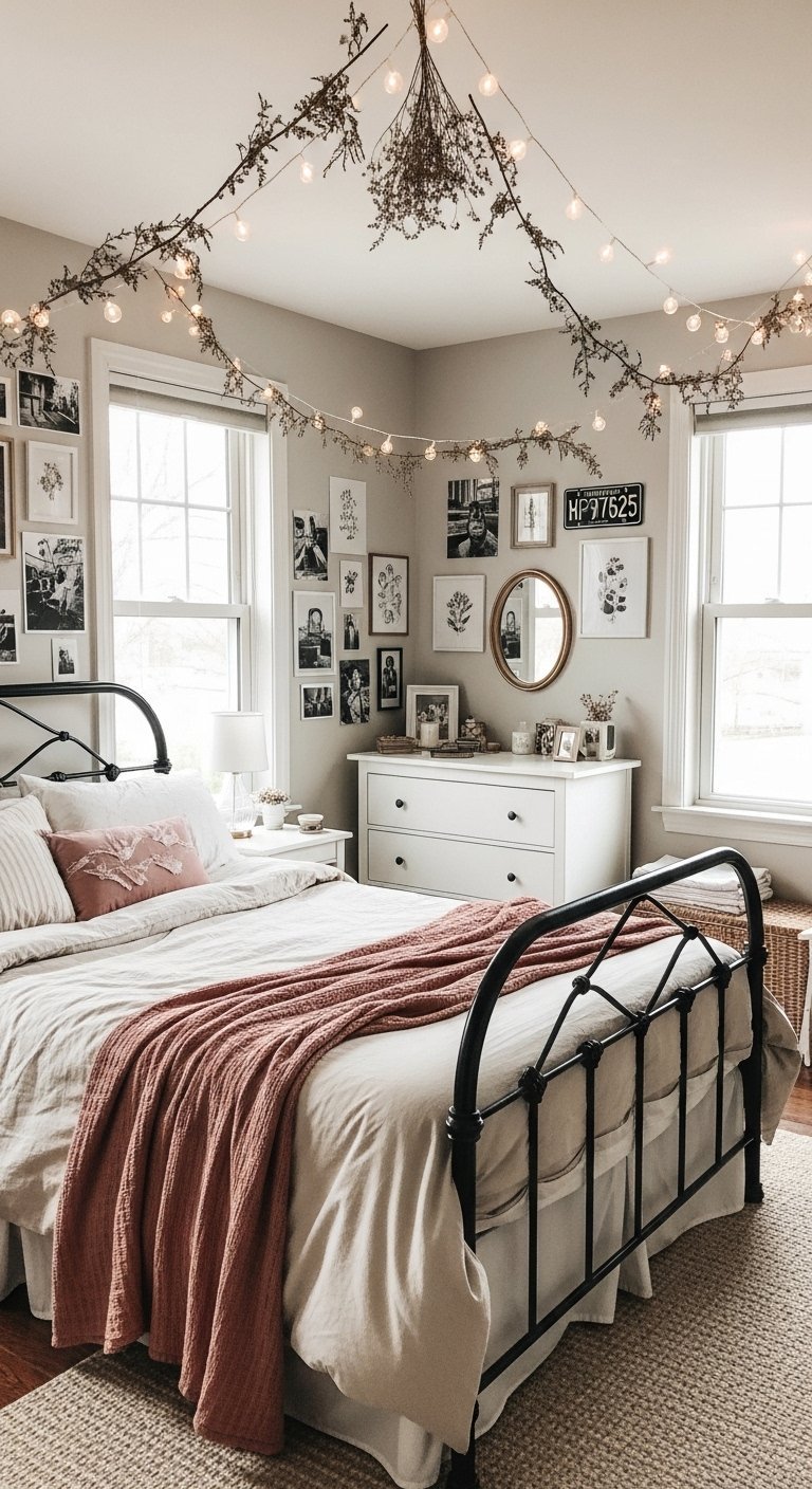 Chambre romantique avec lit en fer forgé noir et mur de cadres