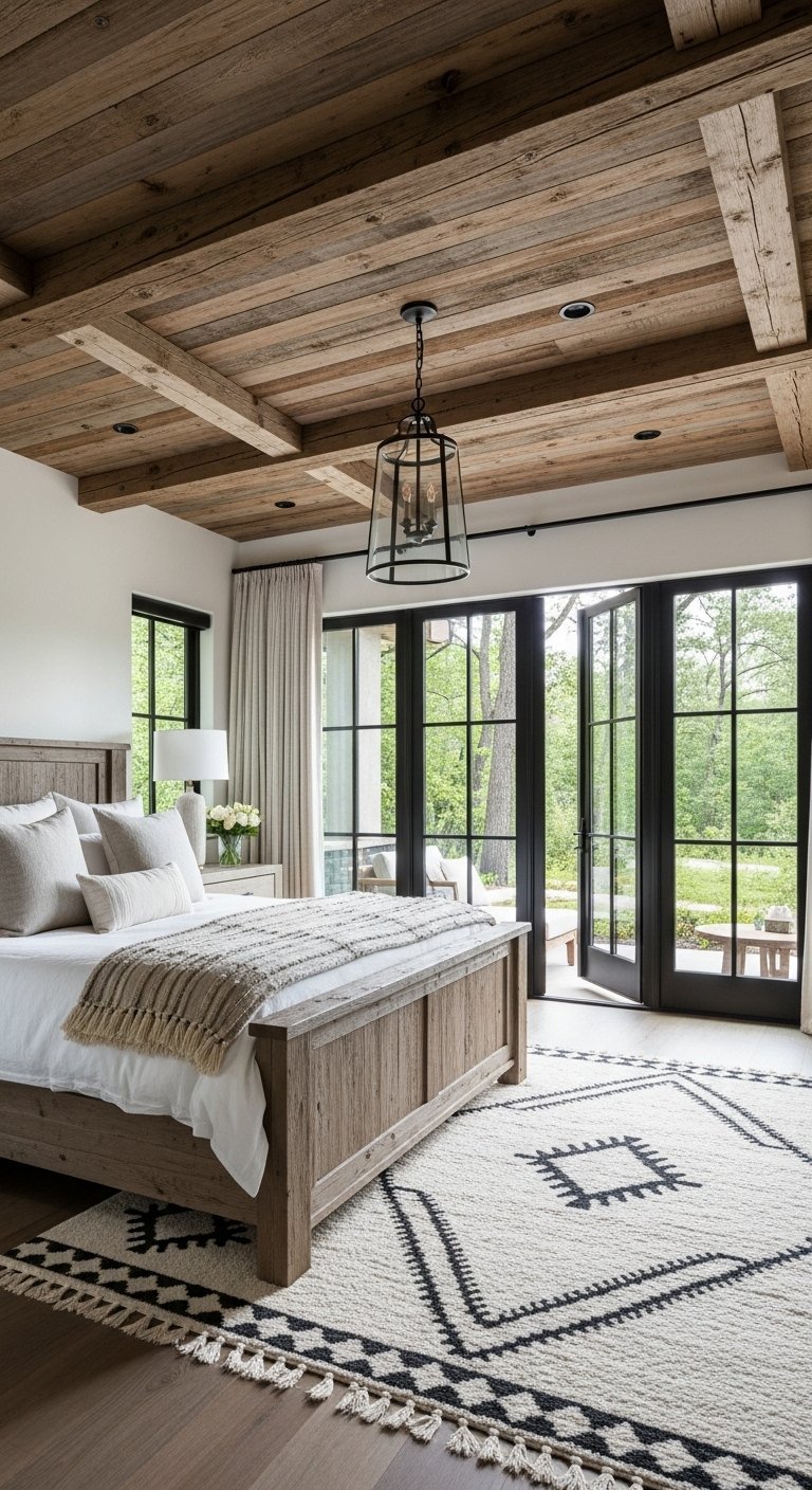 Chambre rustique moderne avec plafond et lit en bois de grange