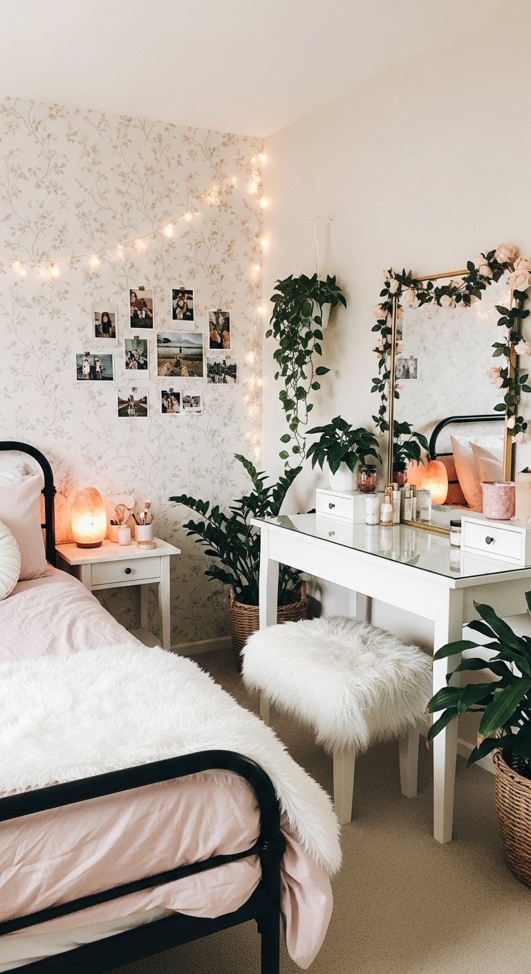 Coin coiffeuse avec miroir doré décoré de fleurs et de lumières