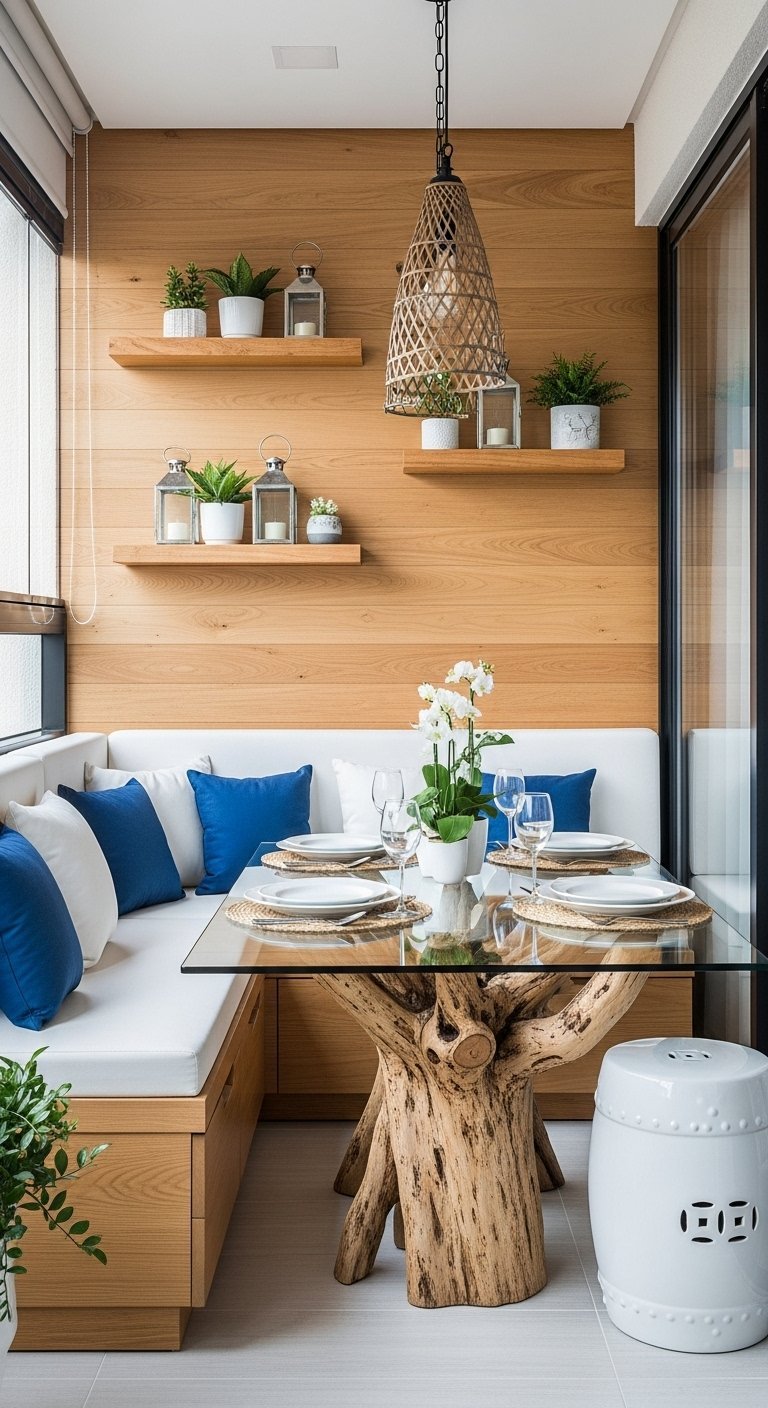 Coin repas sur un balcon avec une table à pied en tronc d arbre