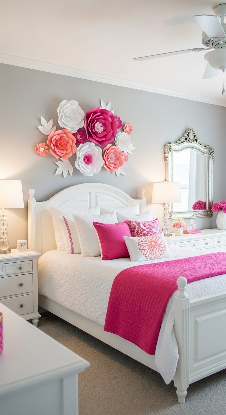 Décoration chambre femme avec un grand arrangement mural de fleurs en papier D