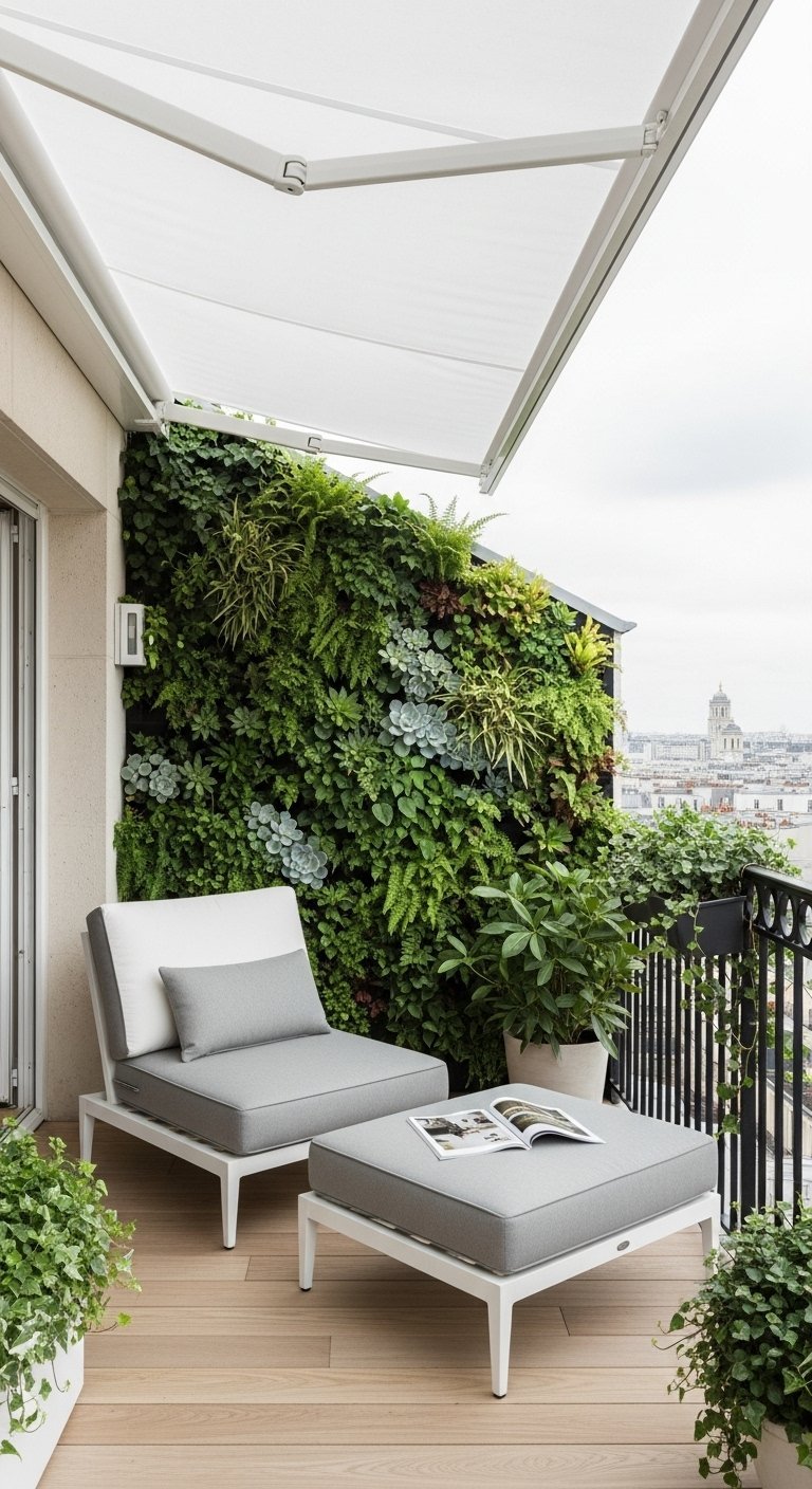 Decoration petit balcon terrasse avec grand mur vegetal et chaise longue grise