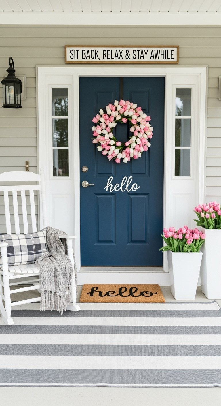 Entree de maison exterieure avec porte bleue et couronne de tulipes roses