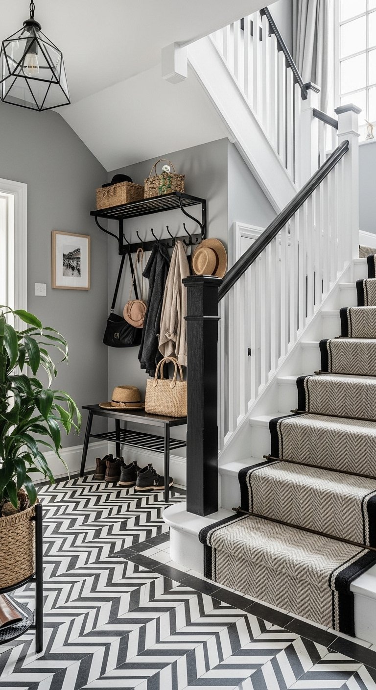 Entrée de maison moderne avec un sol à motifs géométriques noirs et blancs.