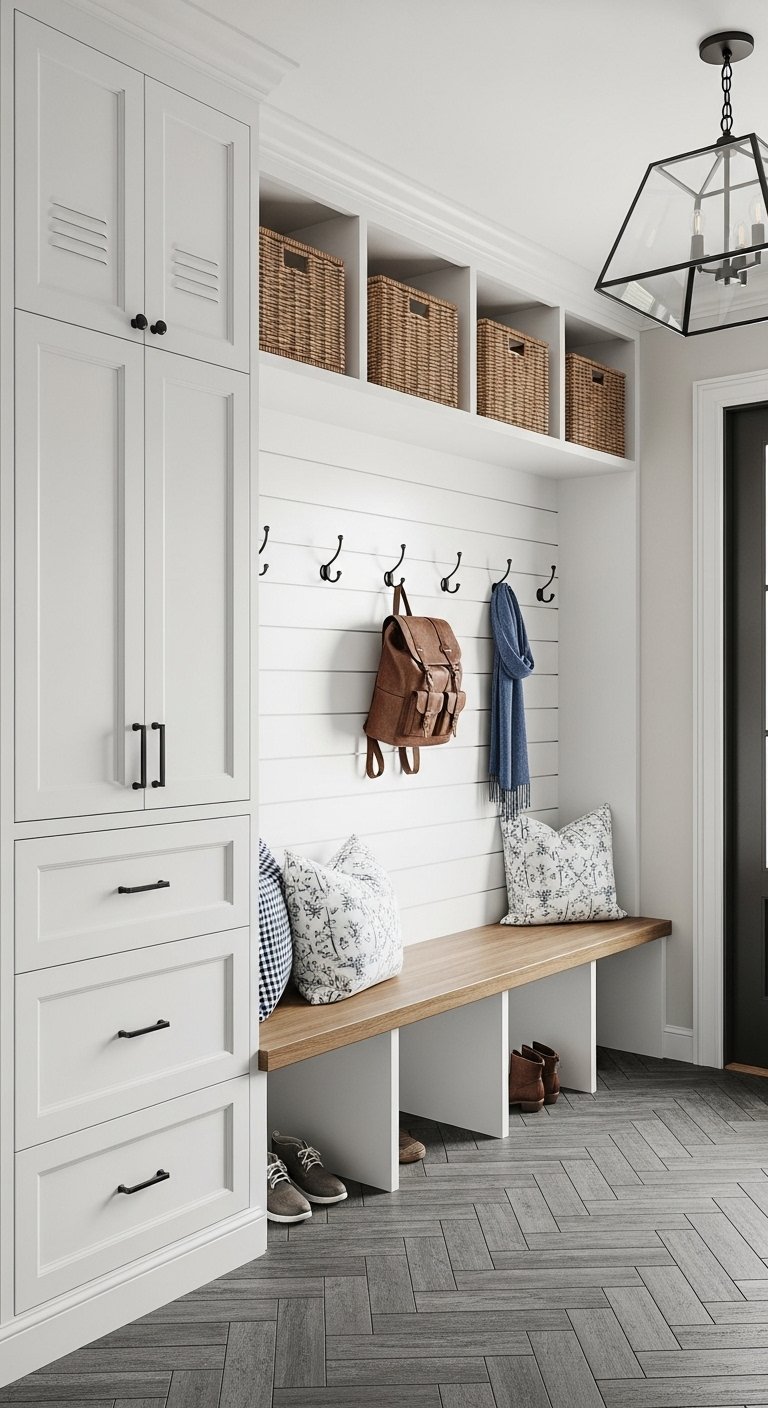 Entree vestibule campagne chic avec banc integre et rangements blancs