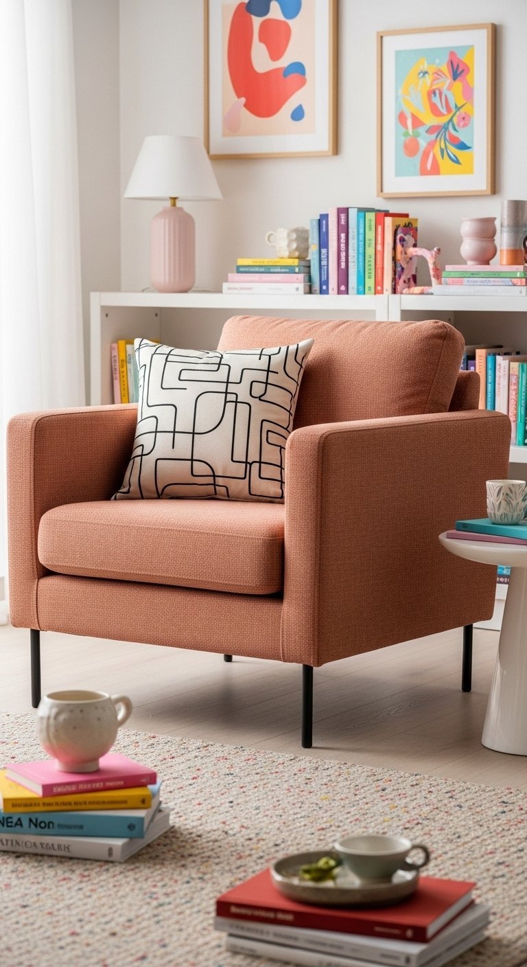 Fauteuil de salon moderne en tissu texturé rose corail avec des pieds en métal noir