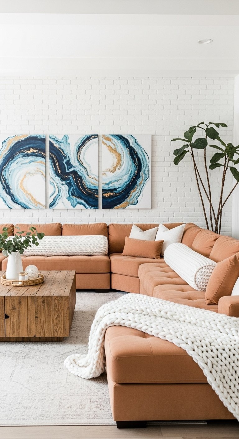 Grand canape dangle terracotta pale devant un mur de briques blanches et art abstrait bleu