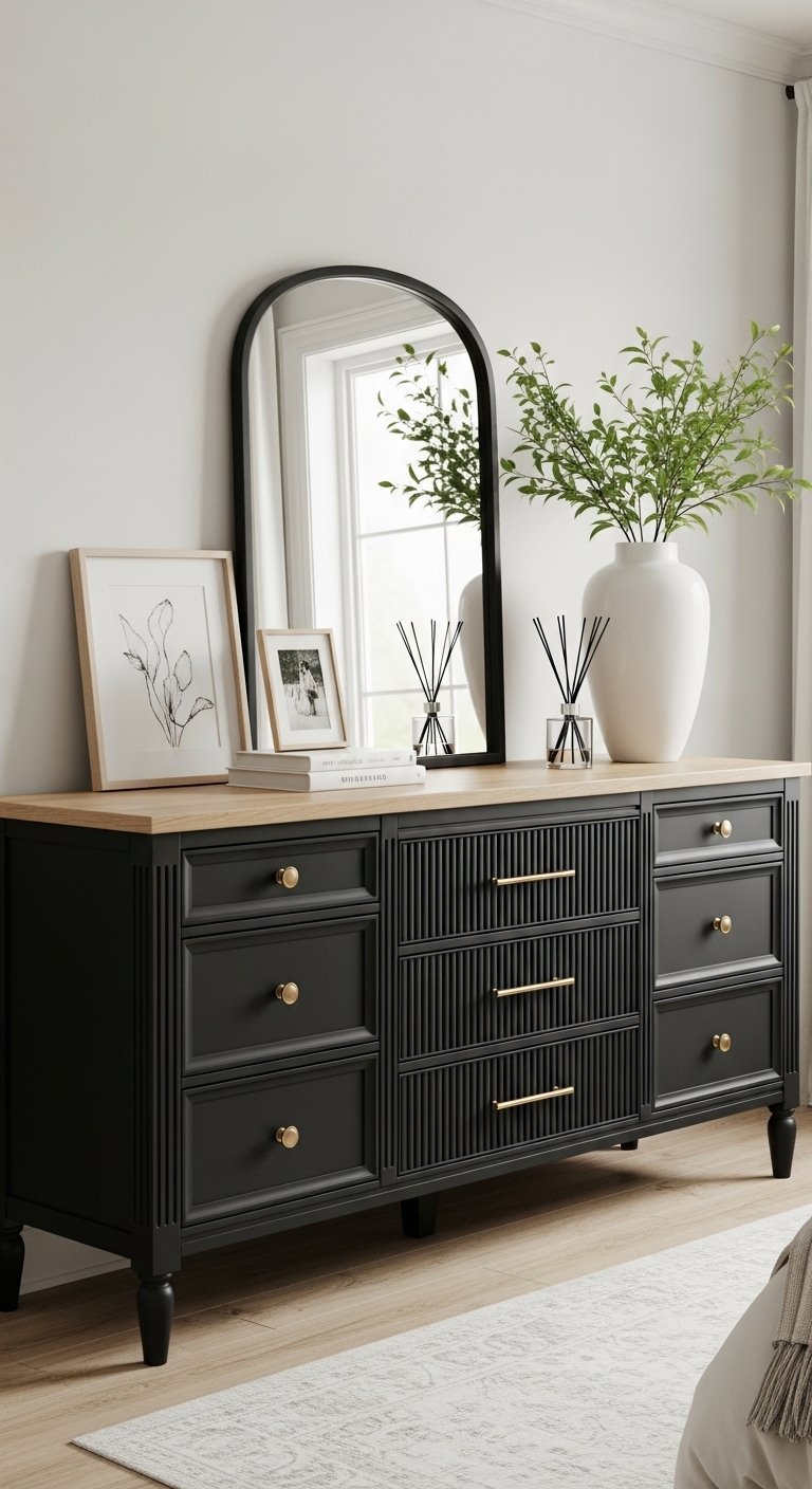 Grande commode noire avec détails cannelés et poignées dorées