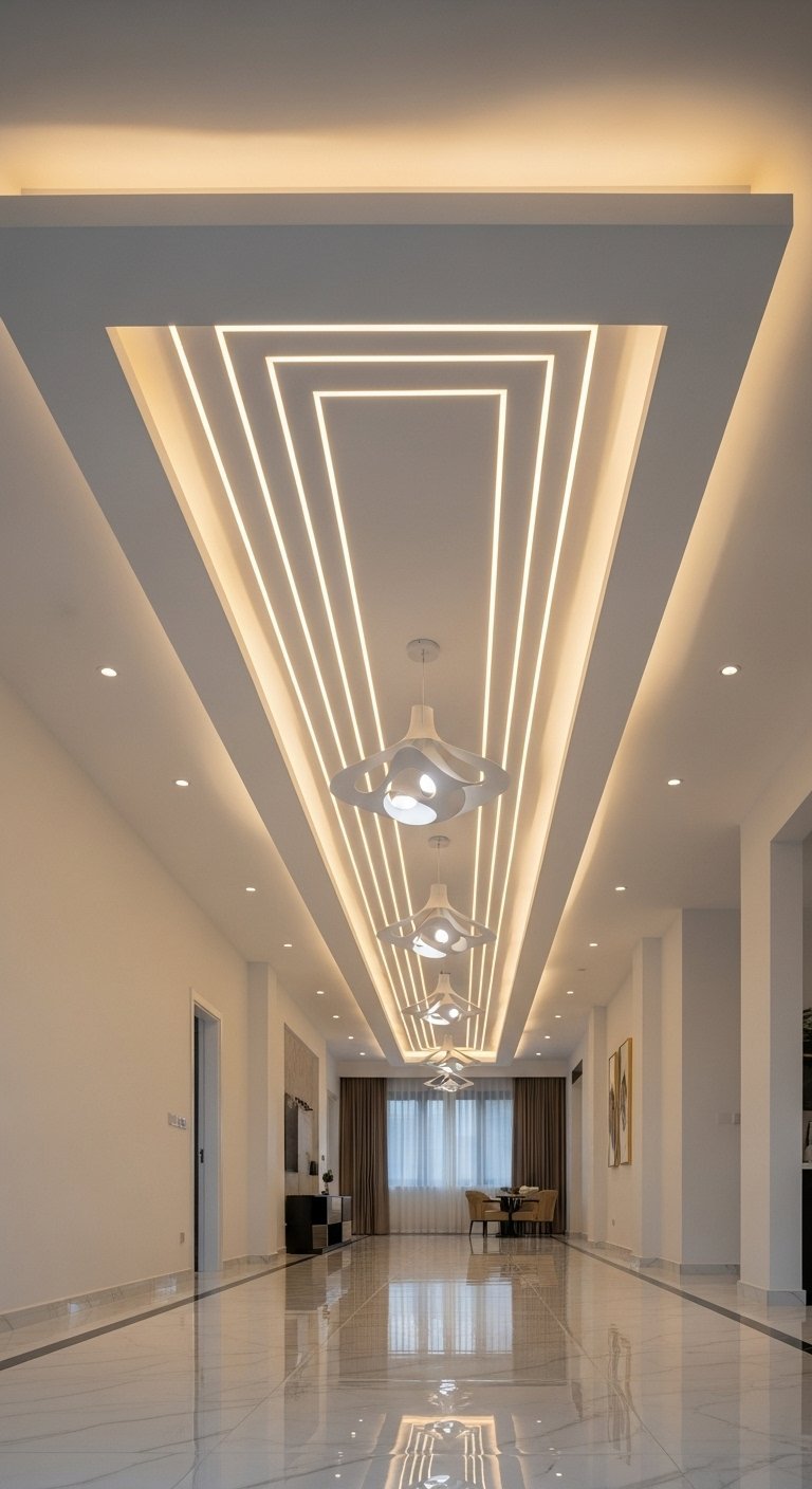 Long couloir avec un faux plafond graphique composé de lignes lumineuses LED