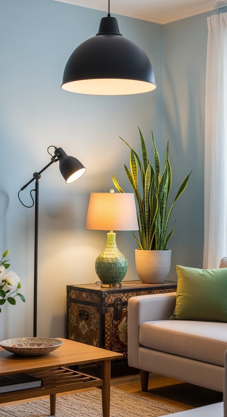 Mélange de luminaires dans un salon suspension dôme, lampadaire et lampe