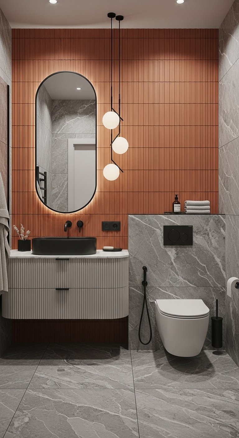 Mur d accent en carrelage terracotta avec meuble cannelé et vasque noire