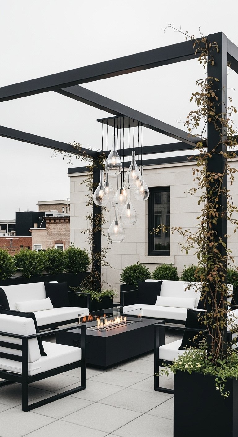 Pergola en métal noir sur un rooftop avec un lustre moderne et un foyer