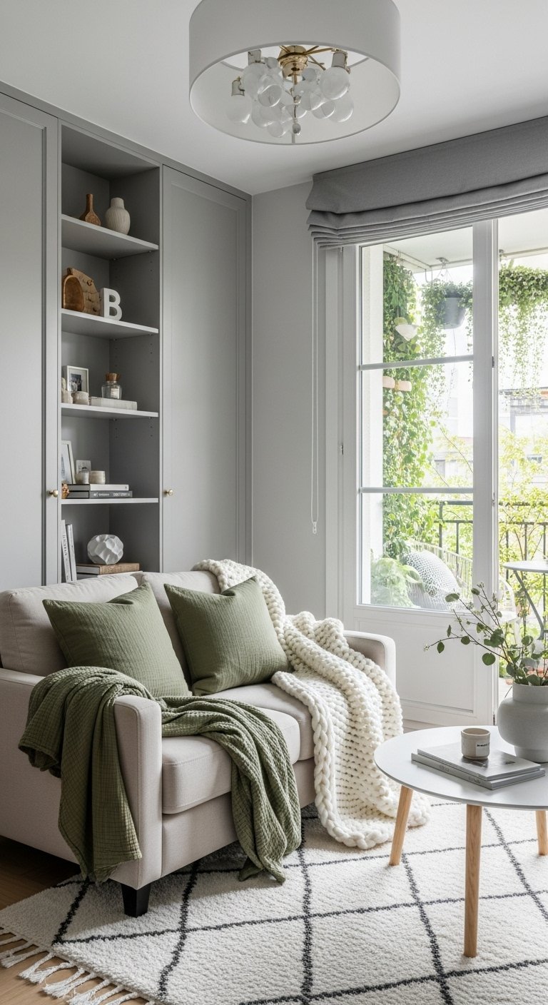 Petit canapé beige avec plaids verts devant un meuble de rangement intégré gris