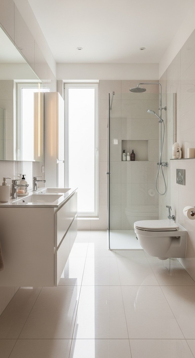 Petite salle de bain blanche et lumineuse avec meuble double vasque suspendu