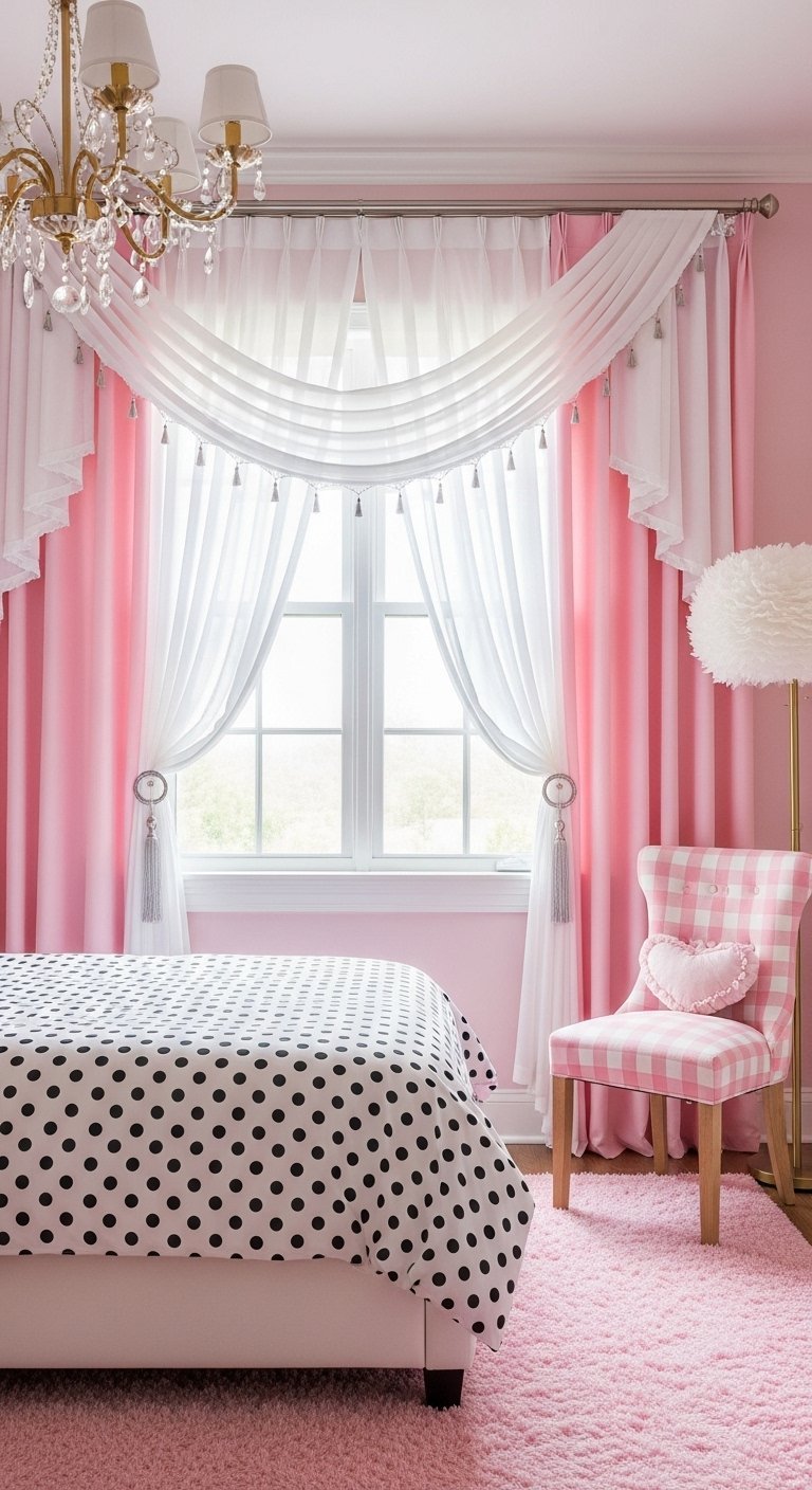 Rideaux roses et voilage blanc drapé dans une chambre de fille
