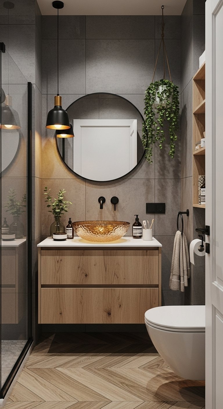 Salle de bain moderne grise avec meuble bois et vasque en verre ambre
