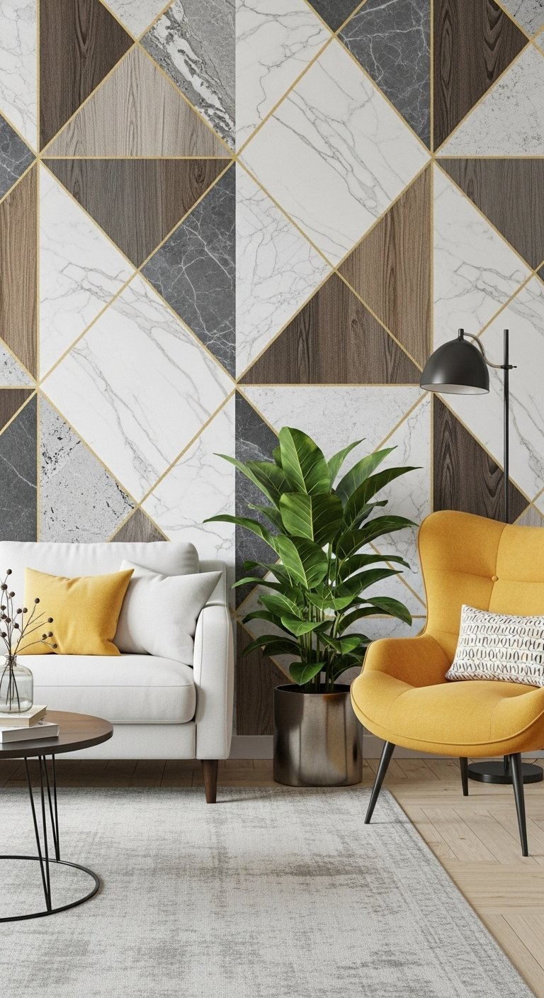 Salon avec un papier peint geometrique melangeant bois marbre et lignes dorees
