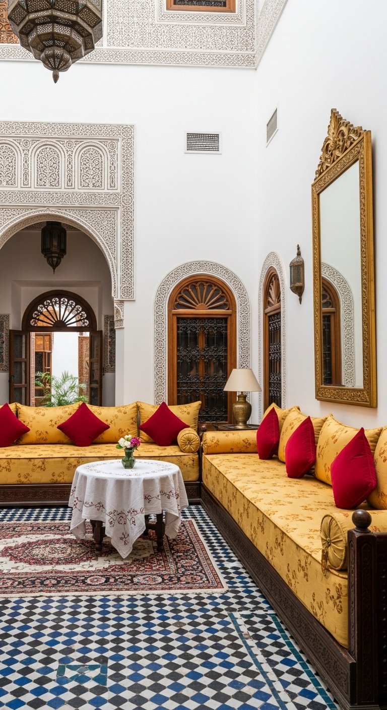 Salon marocain traditionnel avec murs blancs et sol en zellige à damier