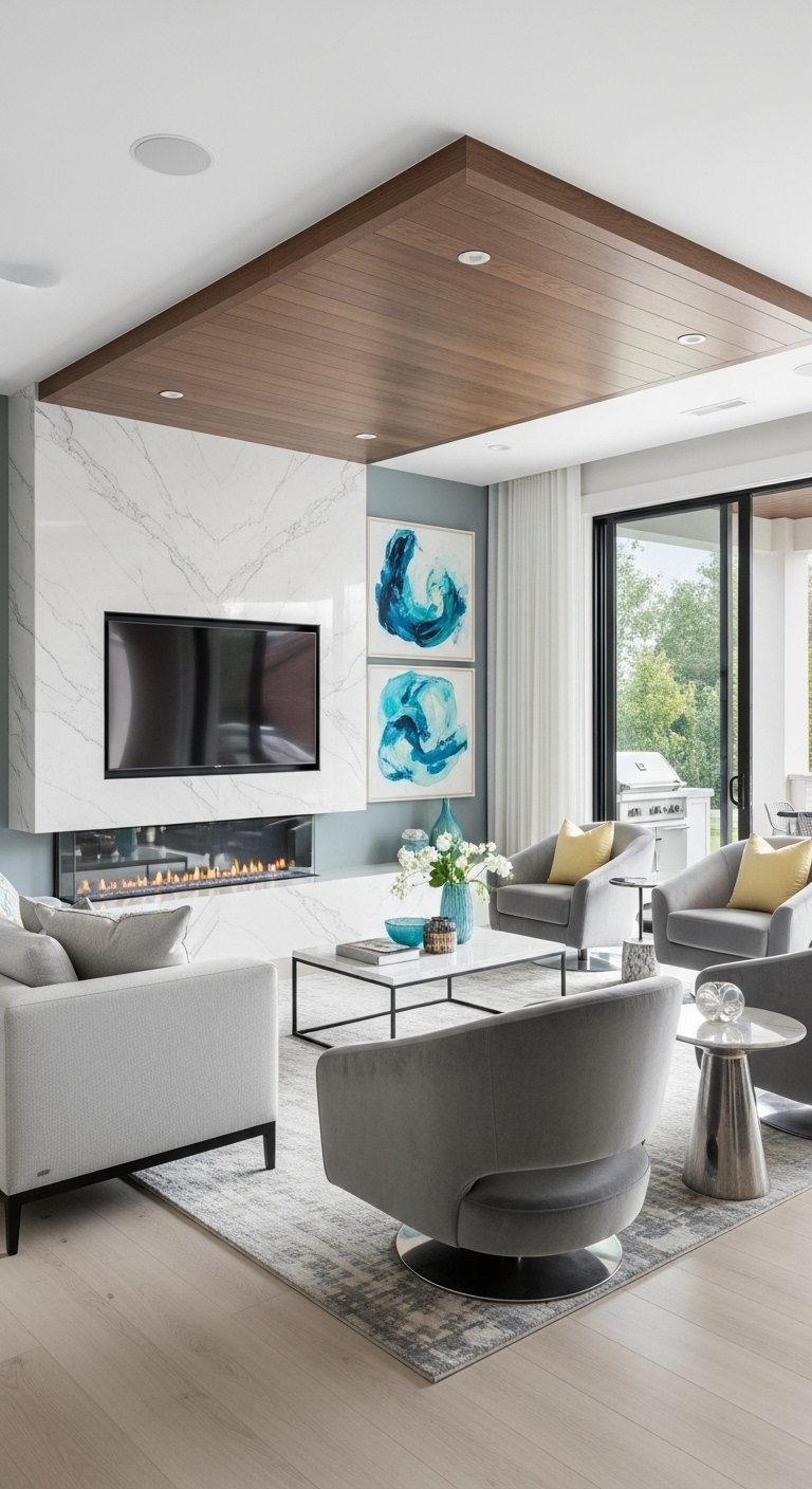 Salon moderne avec cheminee integree dans un mur en marbre blanc