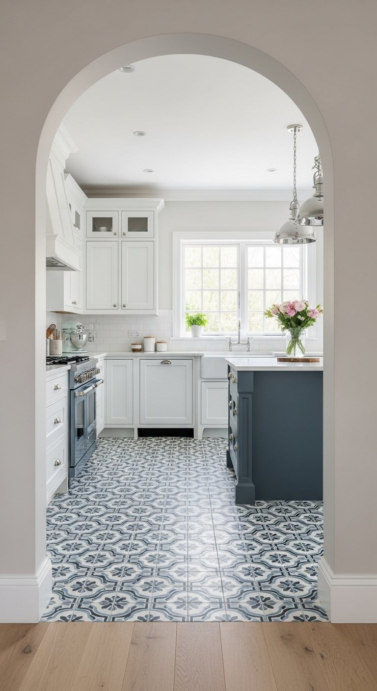 Sol de cuisine en carrelage a motifs bleus et blancs avec ilot bleu