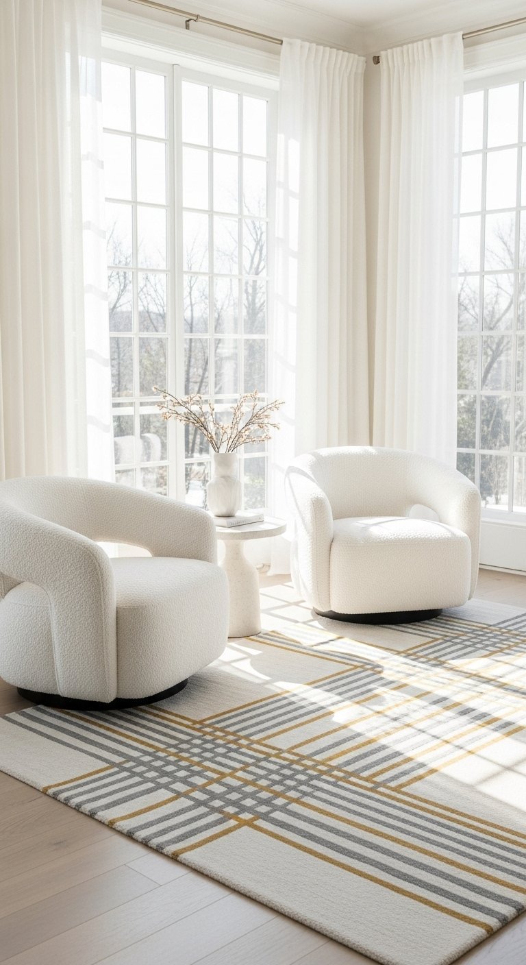 Tapis de salon à carreaux jaunes et gris dans une pièce lumineuse avec deux fauteuils blancs