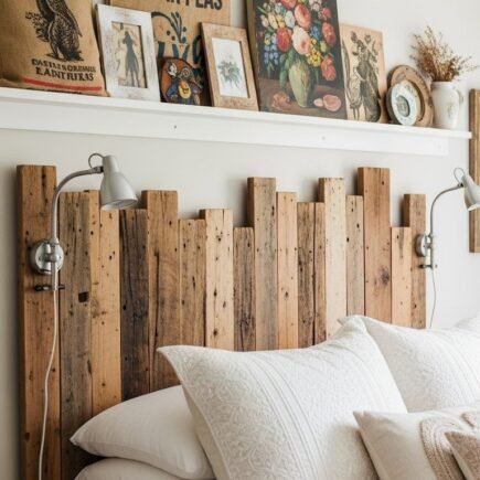 Tete de lit rustique en planches de bois de recuperation avec une etagere