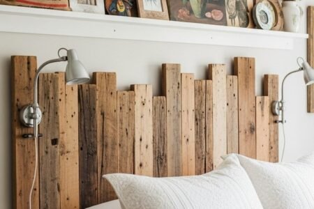 Tete de lit rustique en planches de bois de recuperation avec une etagere