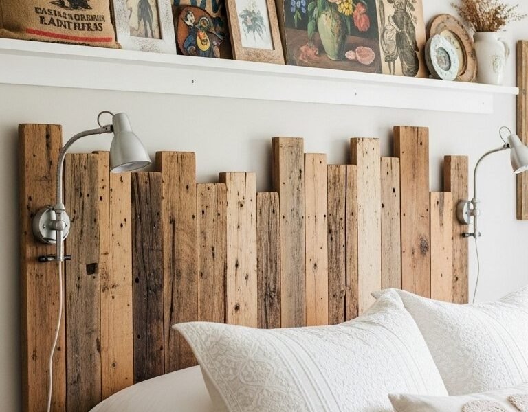 Tete de lit rustique en planches de bois de recuperation avec une etagere