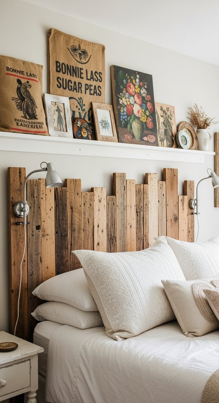 Tete de lit rustique en planches de bois de recuperation avec une etagere