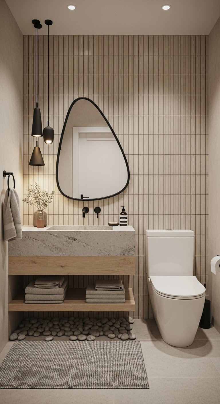Toilettes minimalistes avec meuble en bois et vasque en pierre
