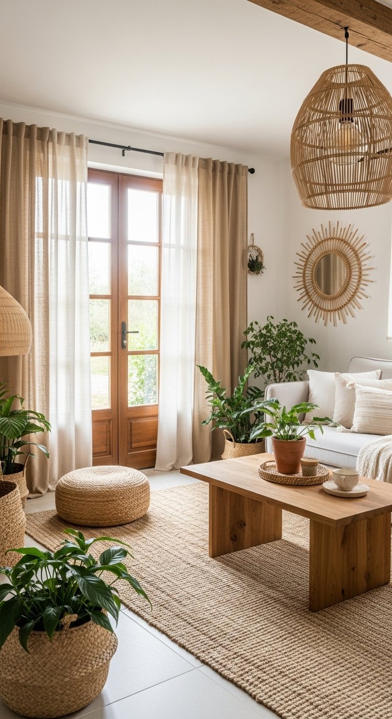 Voilages en lin blanc cassé devant une porte fenêtre dans un salon bohème avec plantes