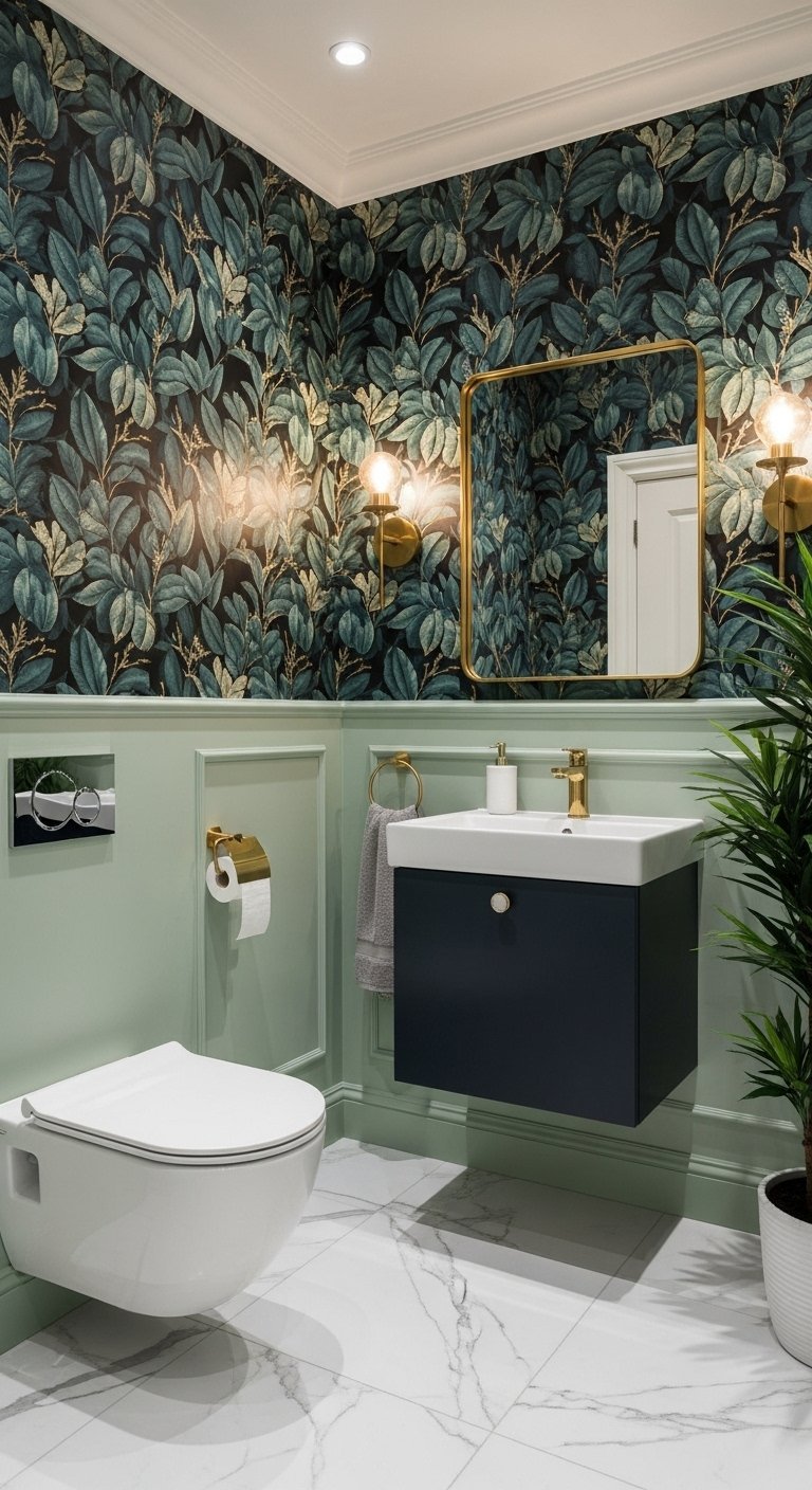 WC de style Art Déco avec papier peint à feuilles sombres et soubassement vert d eau