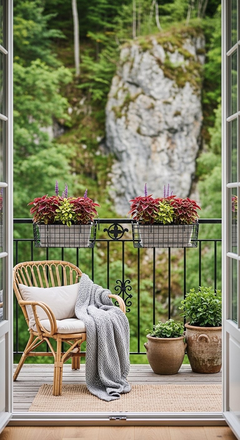 Aménagement de balcon simple avec un fauteuil en rotin face à une forêt